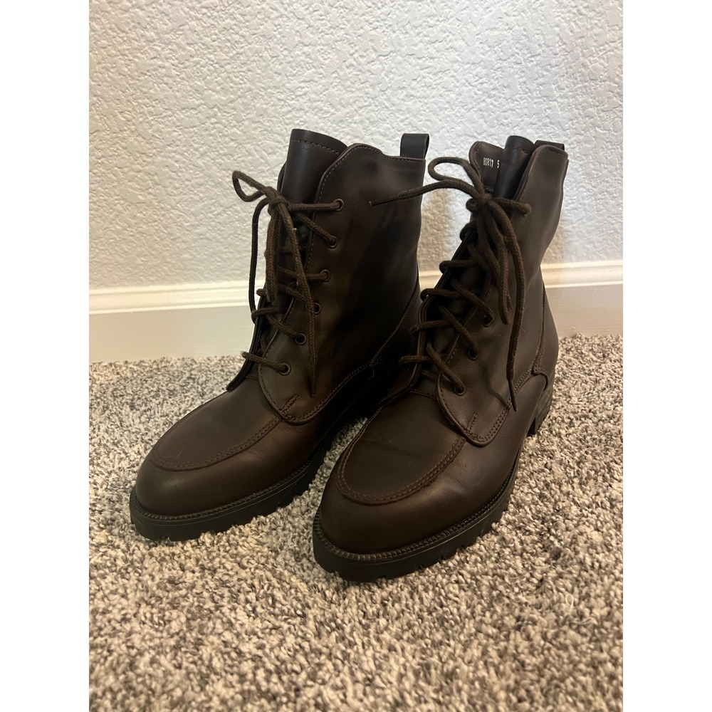 L.L.Bean Brown Leather Apron Stitch Lace Up Commando Sole Boots Size 5